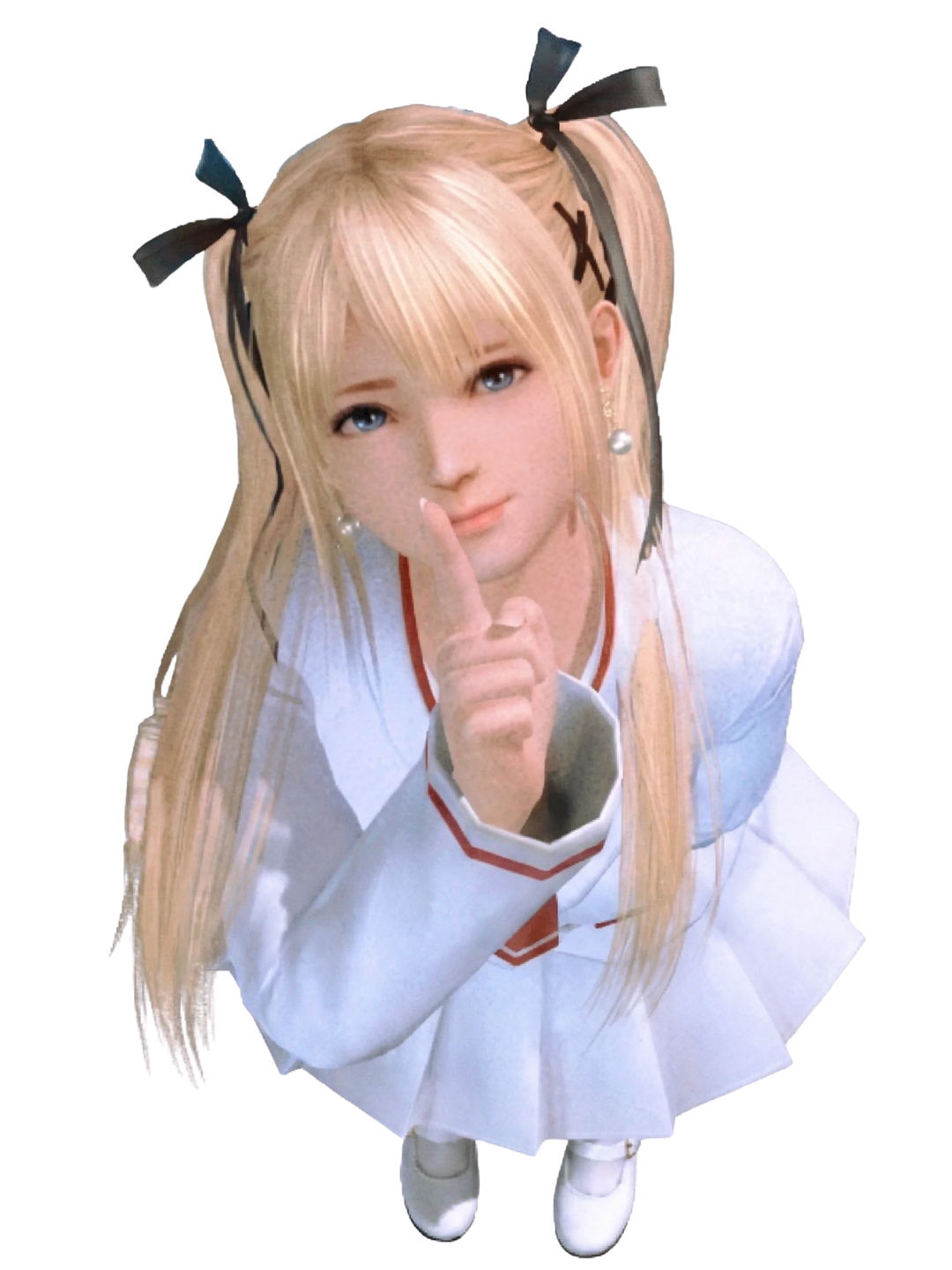 The NYSE campaign character: a blonde figure with twin ponytails, black ribbons and a white outfit, holding a finger to her lips.
